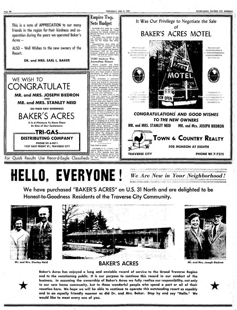 Bakers Acres Motel and Cottages (Waterfront Inn, Tamarack Lodge, Bakers Acres) - April 1959 Opening Article And Ads